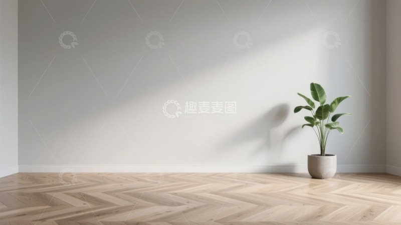 高清大图下载【趣麦麦图】简约室内角落摆放绿植与人字拼地板