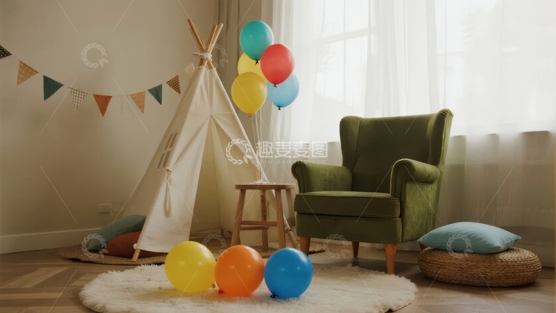高清大图下载【趣麦麦图】儿童房内帐篷玩具与彩色气球装饰场景