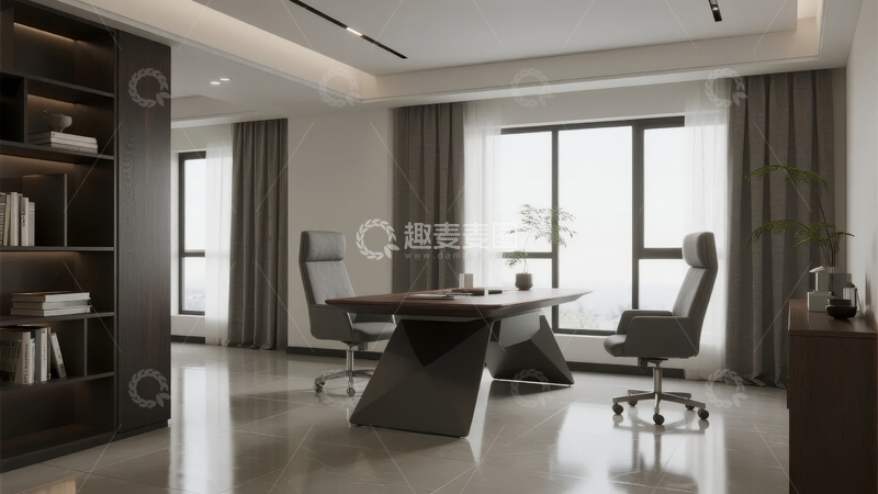 高清大图下载【趣麦麦图】现代简约风格办公室内景配备书架与办公桌椅