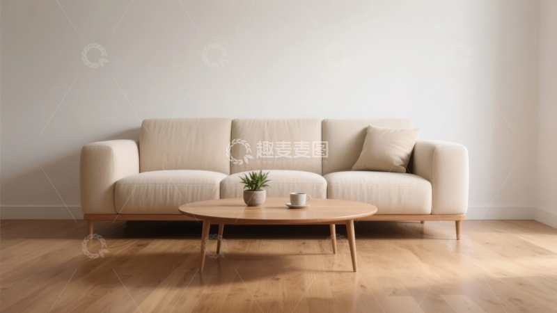 高清大图下载【趣麦麦图】简约风格客厅内摆放着米色沙发和木质茶几