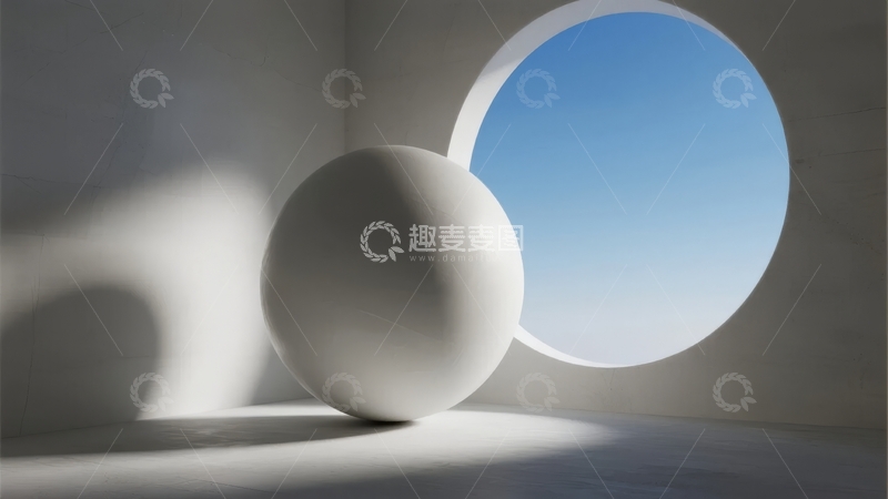 高清大图下载【趣麦麦图】圆形窗户旁的白色球体光影静谧场景