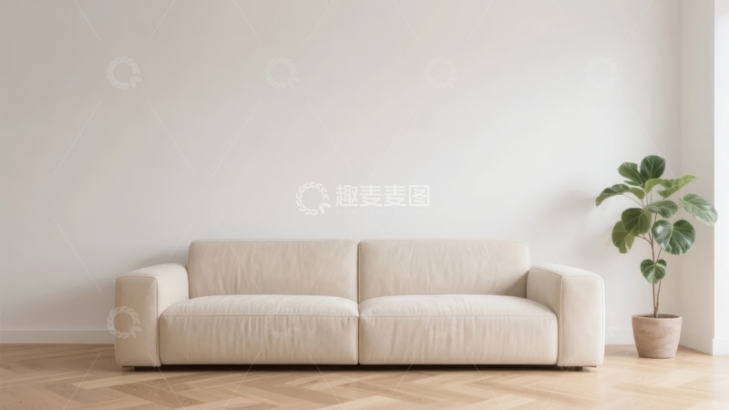 高清大图下载【趣麦麦图】简约风格客厅中的米色沙发与绿植装饰