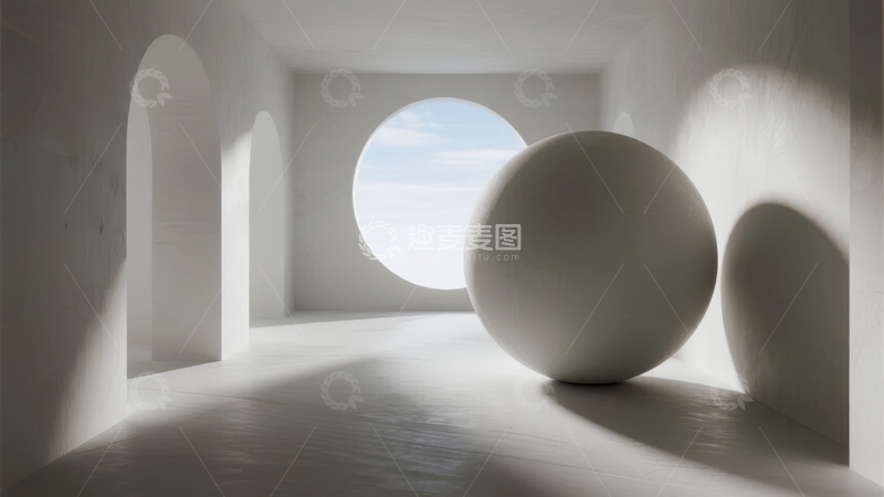 高清大图下载【趣麦麦图】白色空间内圆形物体与拱形窗户的光影艺术