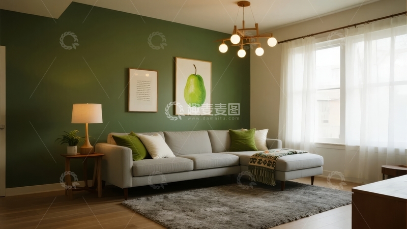 高清大图下载【趣麦麦图】现代客厅绿墙沙发窗边布置温馨舒适