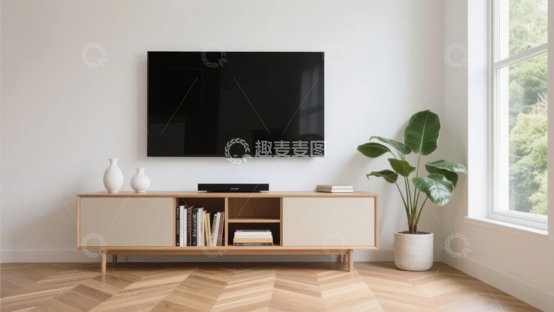 高清大图下载【趣麦麦图】现代简约客厅电视墙设计搭配绿植与木质地板