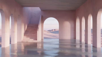 现代建筑内部视角展现拱形结构与远处景观