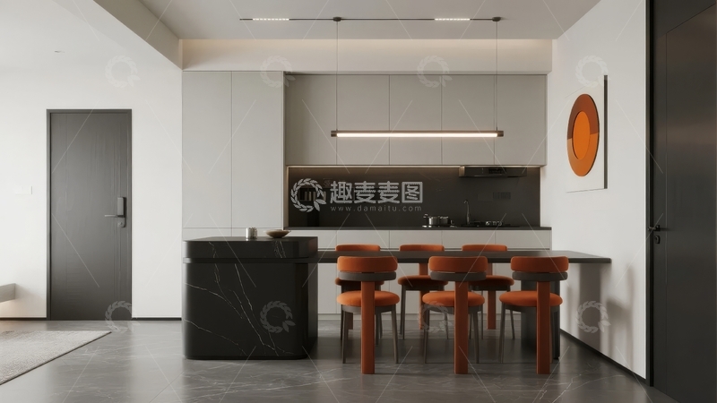 高清大图下载【趣麦麦图】现代简约风格厨房与餐厅一体化设计