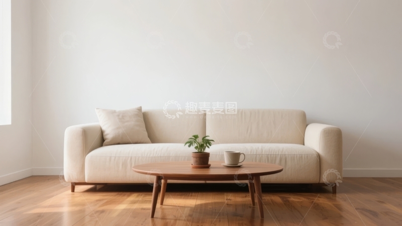 高清大图下载【趣麦麦图】简约风格客厅内摆放着米色沙发和木质茶几