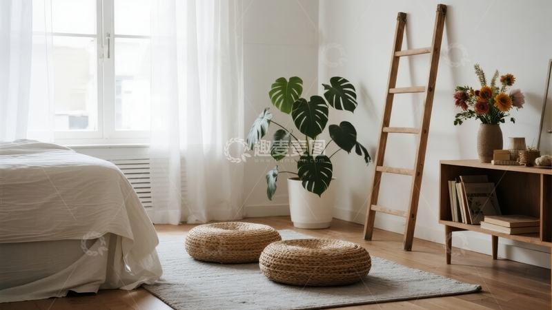高清大图下载【趣麦麦图】明亮卧室角落摆放着绿植和编织坐垫