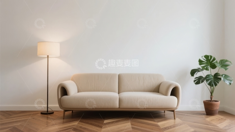 高清大图下载【趣麦麦图】简约风格客厅内摆放着米色沙发和绿植