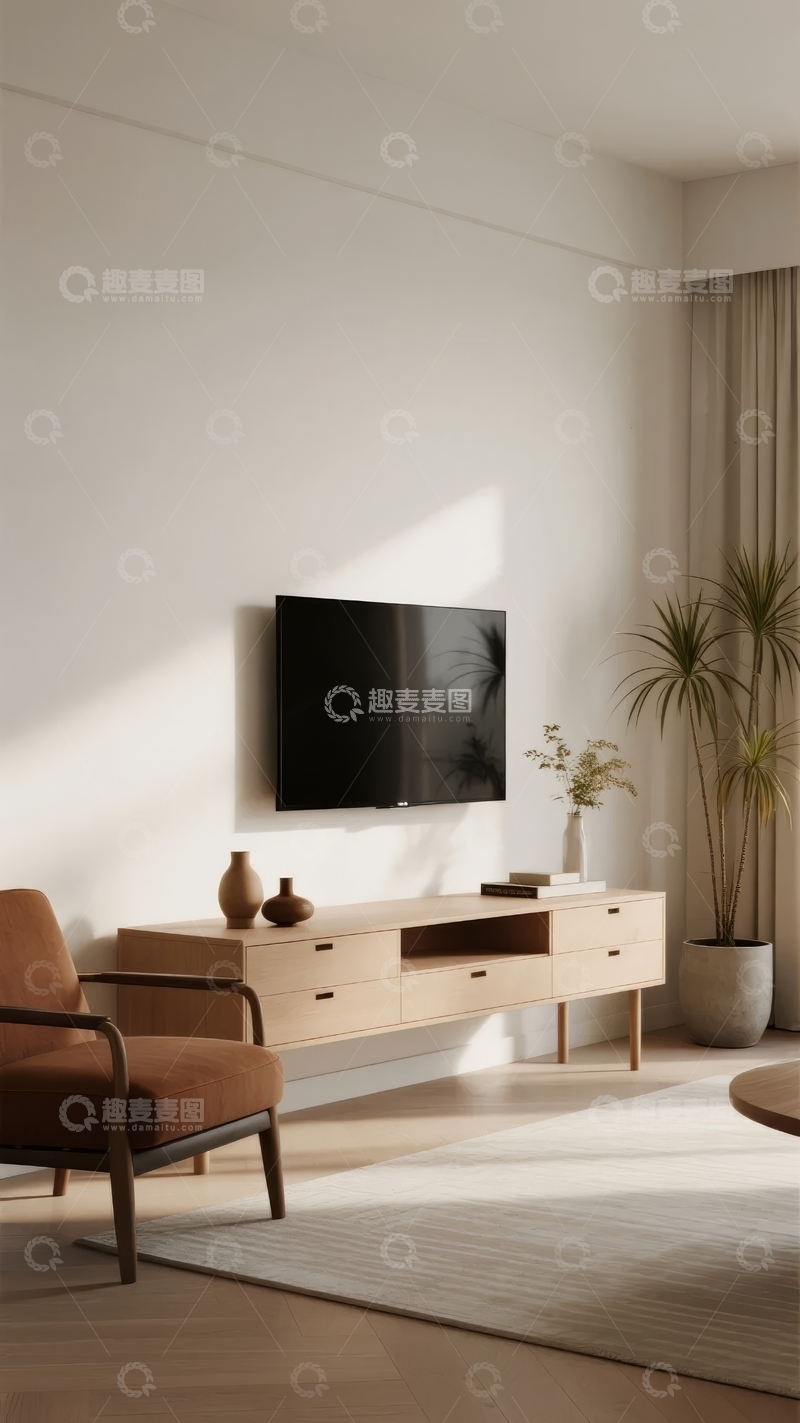 高清大图下载【趣麦麦图】简约现代客厅墙面电视柜与绿植装饰