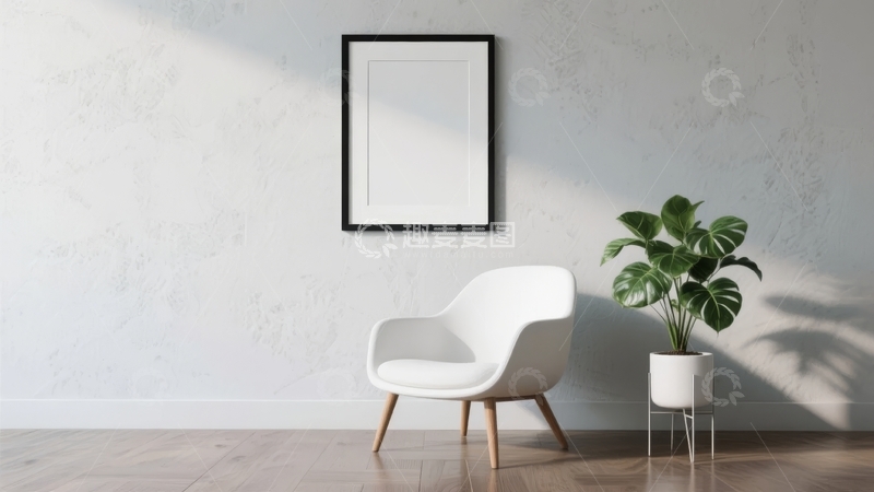 高清大图下载【趣麦麦图】简约室内一角白色扶手椅与绿植点缀墙面