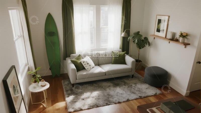 高清大图下载【趣麦麦图】现代简约风格客厅布置有沙发地毯和装饰品