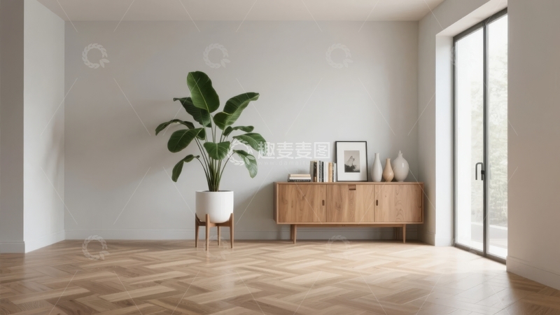 高清大图下载【趣麦麦图】现代简约风格客厅摆放绿植与木质柜子