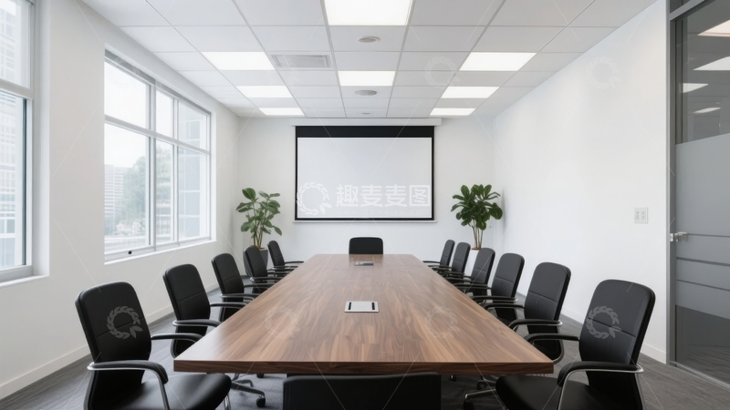 高清大图下载【趣麦麦图】现代会议室配备长桌投影仪和绿植