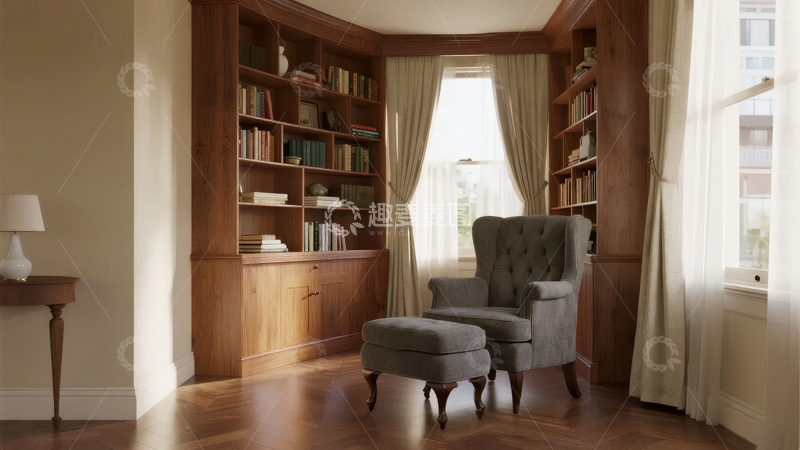 高清大图下载【趣麦麦图】典雅书房内书架环绕座椅舒适