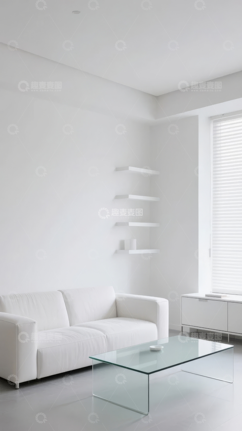 高清大图下载【趣麦麦图】现代简约风格客厅白色沙发与玻璃茶几
