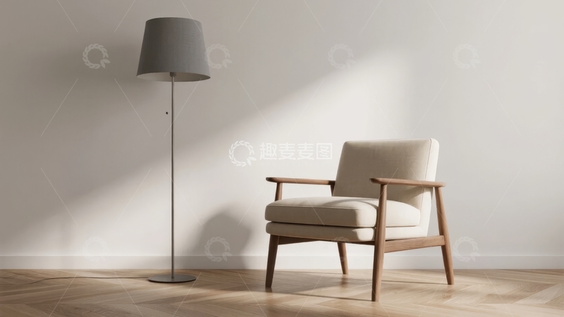 高清大图下载【趣麦麦图】简约风格客厅中的木质扶手椅与落地灯