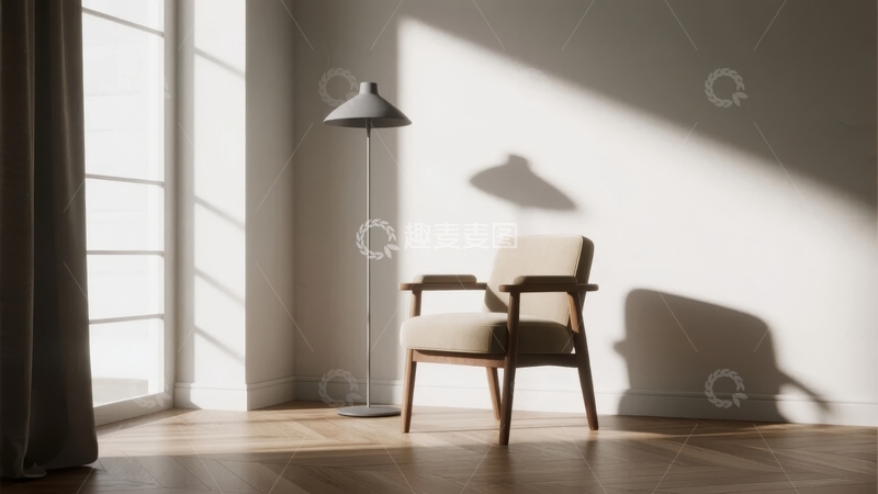 高清大图下载【趣麦麦图】简约室内一角阳光洒落木质地板与单人椅