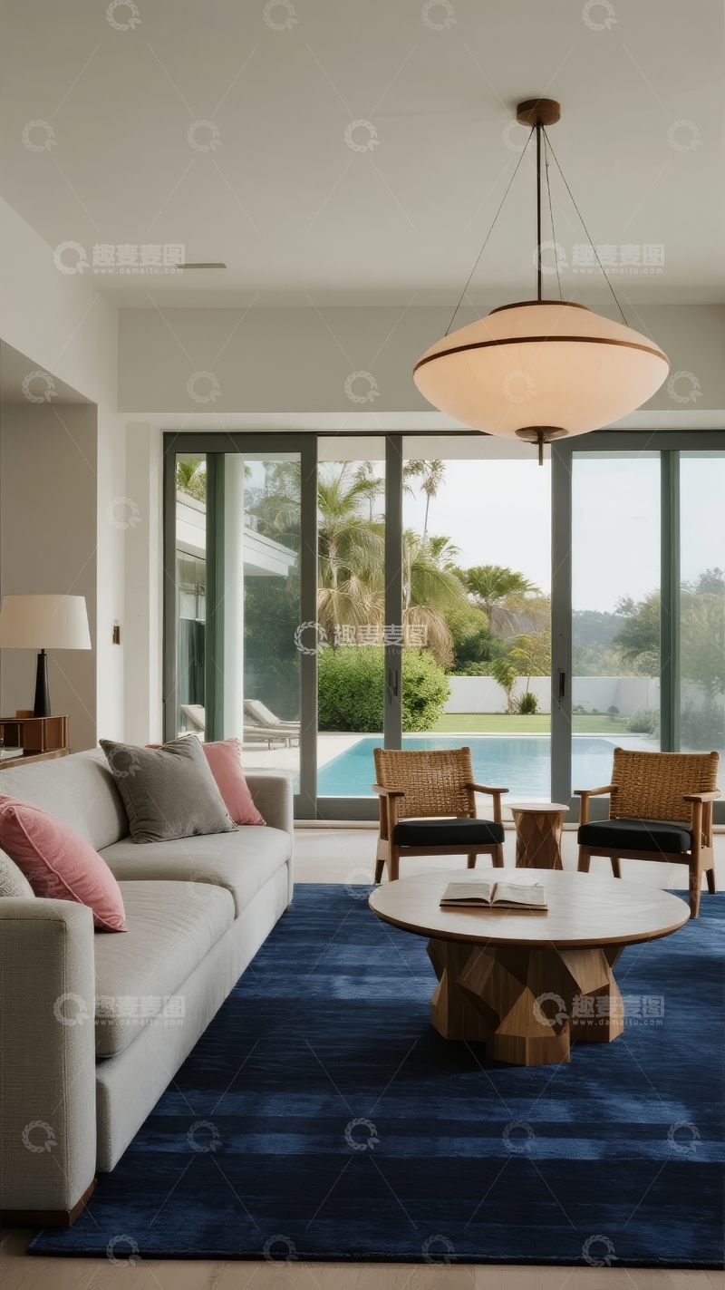 高清大图下载【趣麦麦图】现代客厅连接户外泳池景观
