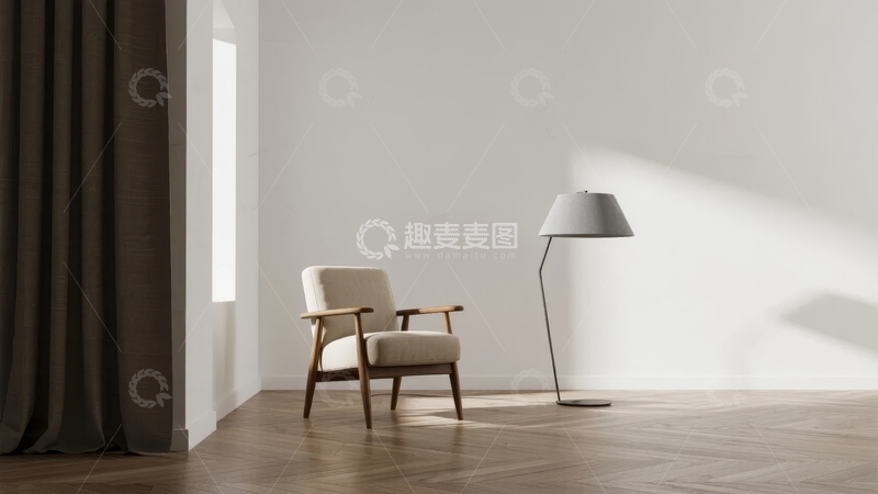 高清大图下载【趣麦麦图】简约现代风格的室内空间摆放着单人椅和落地灯
