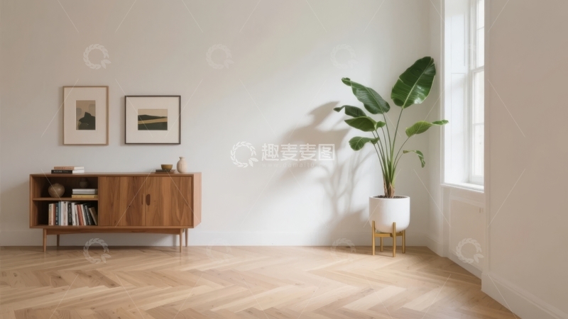 高清大图下载【趣麦麦图】简约室内角落摆放绿植与木质柜子