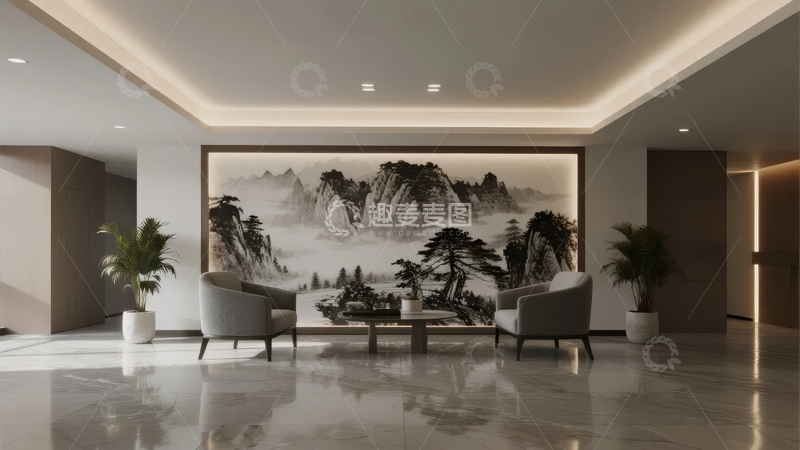 高清大图下载【趣麦麦图】现代中式风格客厅装饰山水画与简约家具