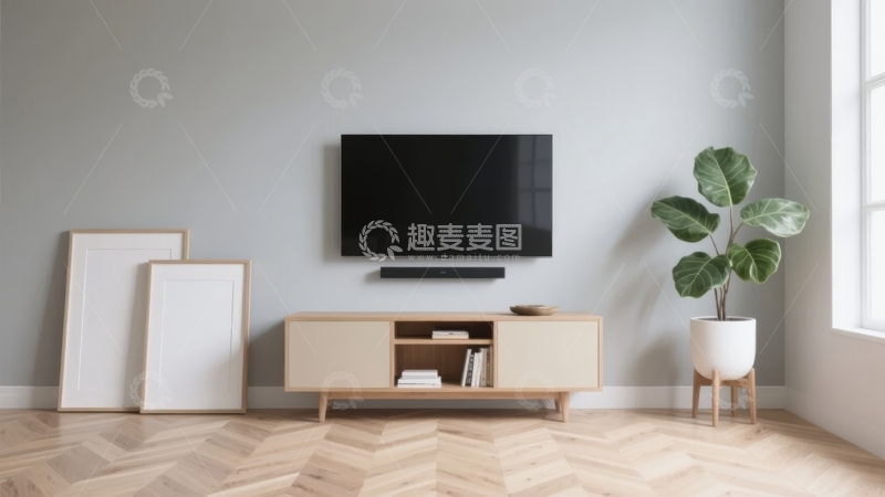 高清大图下载【趣麦麦图】现代简约客厅电视墙设计搭配绿植与画框