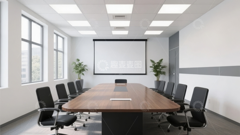 高清大图下载【趣麦麦图】现代会议室配备长桌投影仪和大窗户