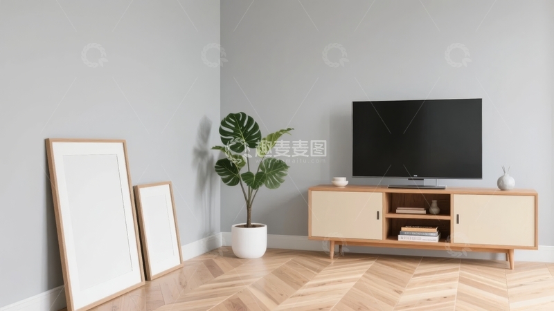 高清大图下载【趣麦麦图】现代简约客厅角落摆放电视与装饰画