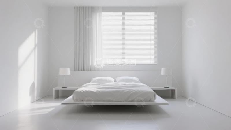 高清大图下载【趣麦麦图】简约白色卧室空间床铺整洁窗边光线充足