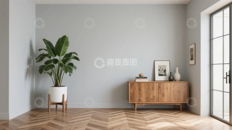 高清大图下载【趣麦麦图】简约室内空间展示木质柜子与绿植装饰