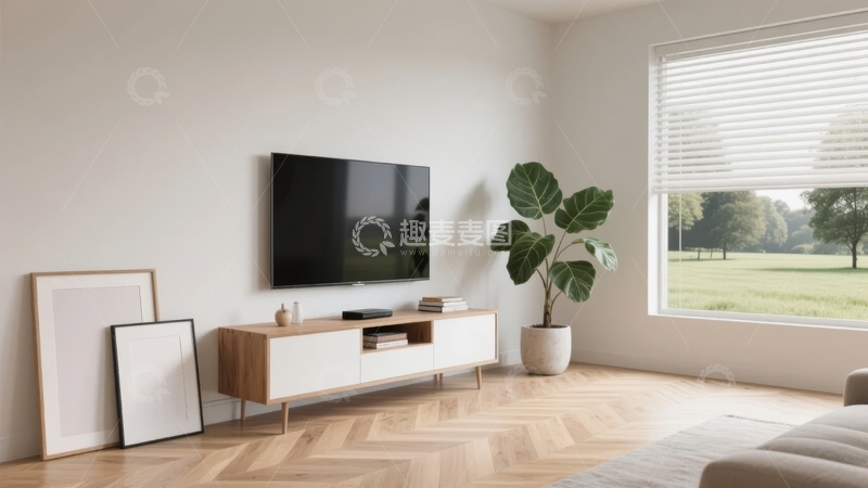 高清大图下载【趣麦麦图】现代简约客厅电视墙与绿植装饰