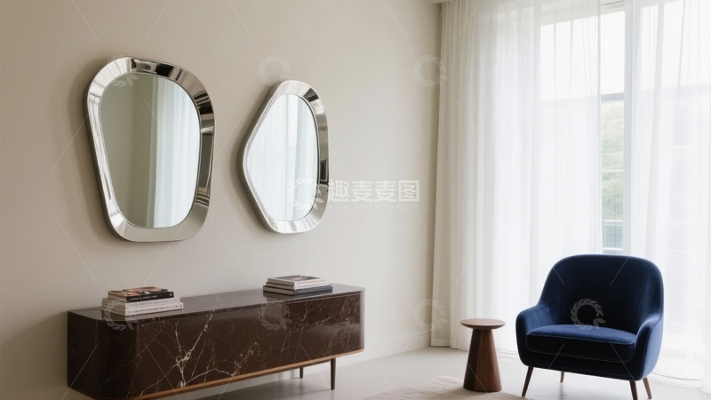 高清大图下载【趣麦麦图】现代简约风格客厅一角摆放着蓝色扶手椅和大理石柜