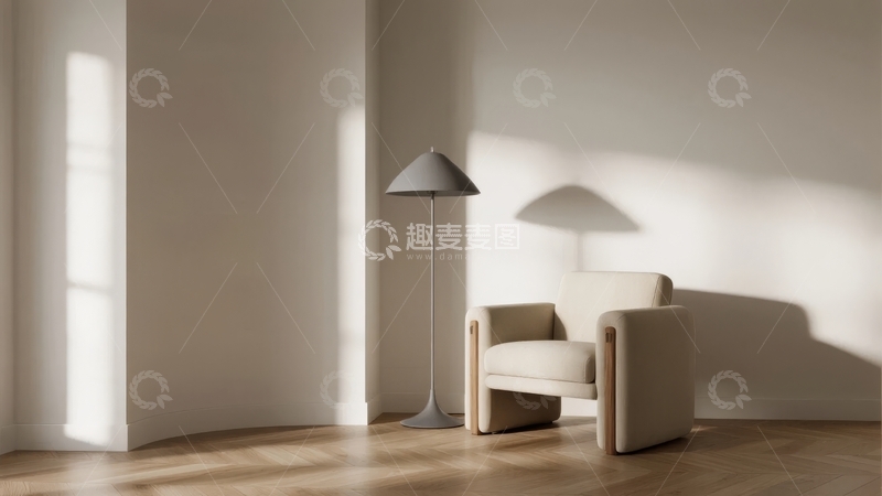高清大图下载【趣麦麦图】简约室内空间中沙发与落地灯的光影艺术