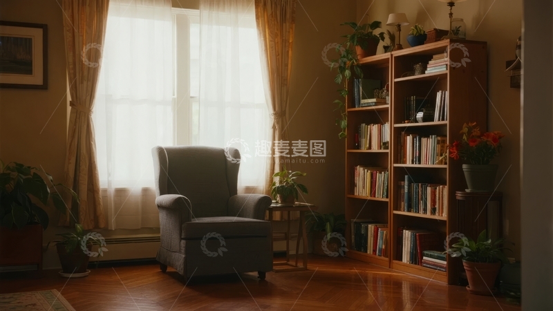 高清大图下载【趣麦麦图】温馨书房内摆放着扶手椅和书架