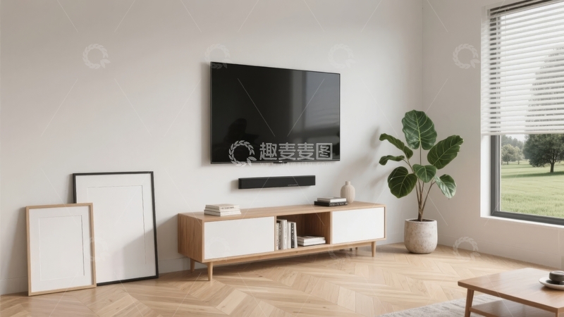 高清大图下载【趣麦麦图】现代简约客厅电视墙设计搭配绿植与木质家具