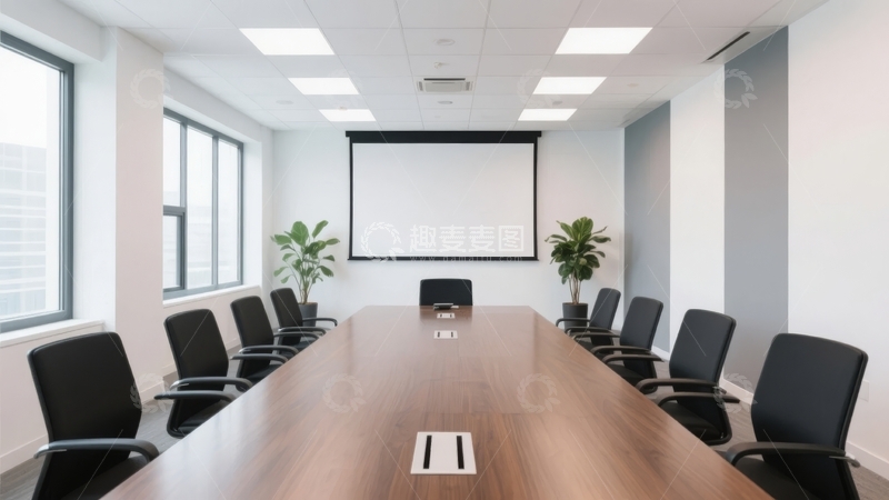 高清大图下载【趣麦麦图】现代会议室配备长桌投影仪和绿植