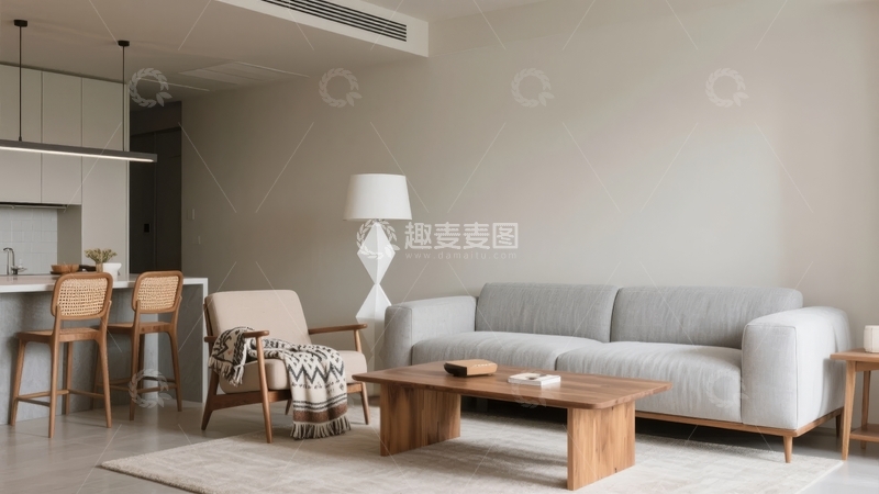 高清大图下载【趣麦麦图】现代简约风格客厅与开放式厨房空间