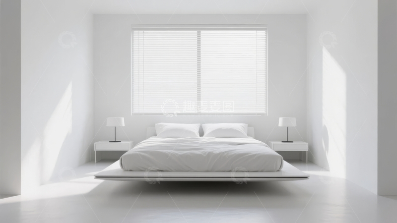 高清大图下载【趣麦麦图】极简风格白色卧室空间床铺整洁窗光柔和