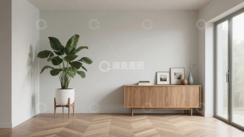 高清大图下载【趣麦麦图】现代简约风格客厅角落，木质家具与绿植点缀
