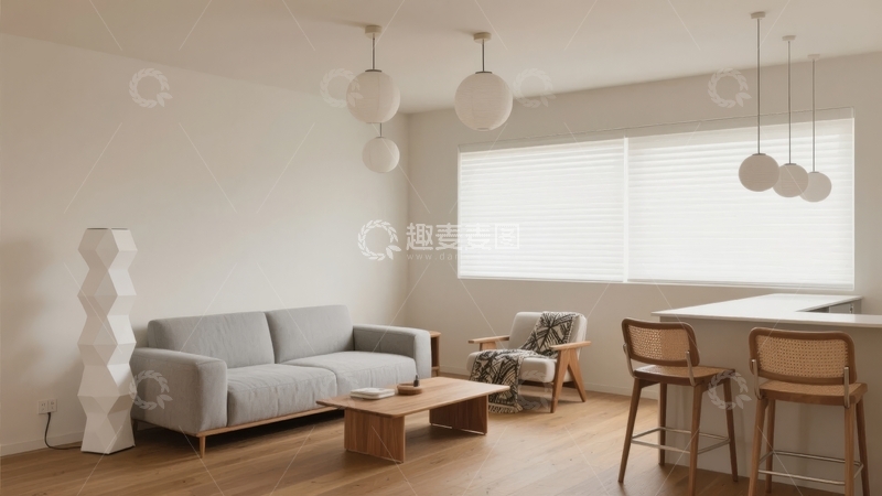 高清大图下载【趣麦麦图】现代简约风格客厅与开放式厨房空间