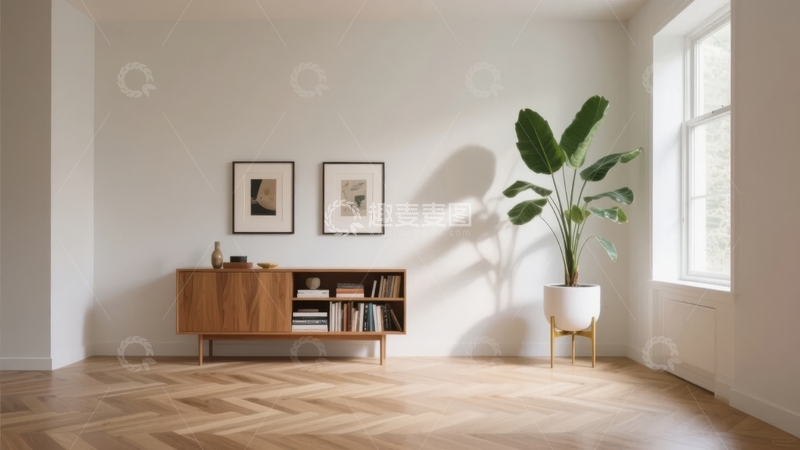 高清大图下载【趣麦麦图】现代简约风格室内空间摆放木质柜与绿植