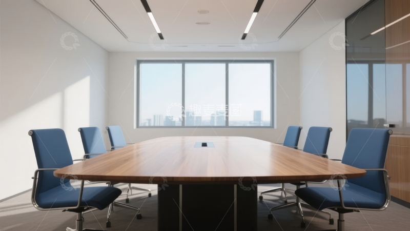 高清大图下载【趣麦麦图】现代会议室配备长桌和蓝色座椅窗外可见城市景观