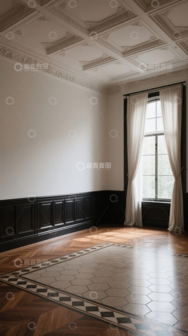 高清大图下载【趣麦麦图】典雅室内空间展示精美天花板与窗帘细节