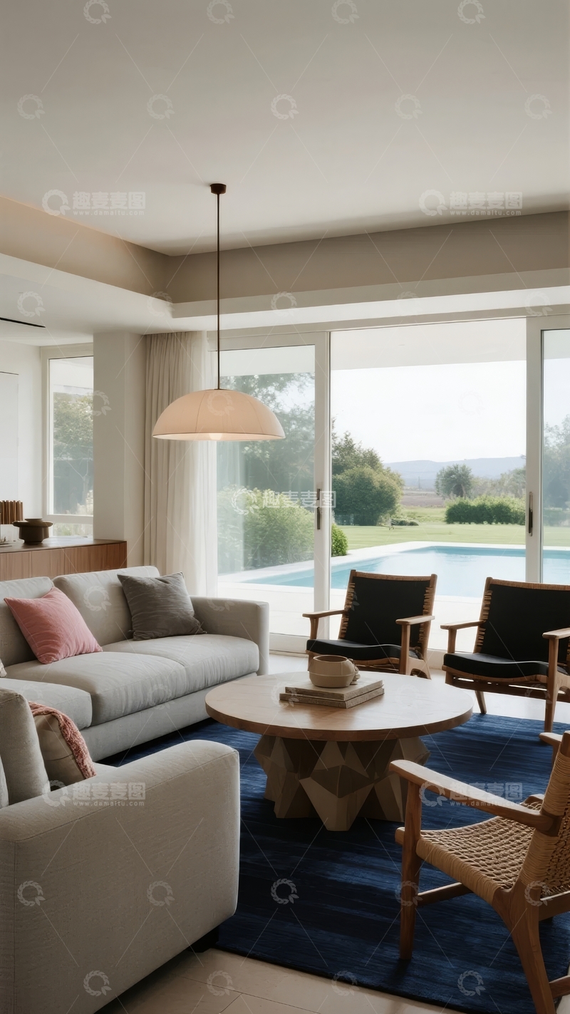 高清大图下载【趣麦麦图】现代客厅设计窗外可见泳池和绿植景观