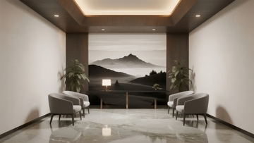 现代简约风格的室内休息区配以山水壁画