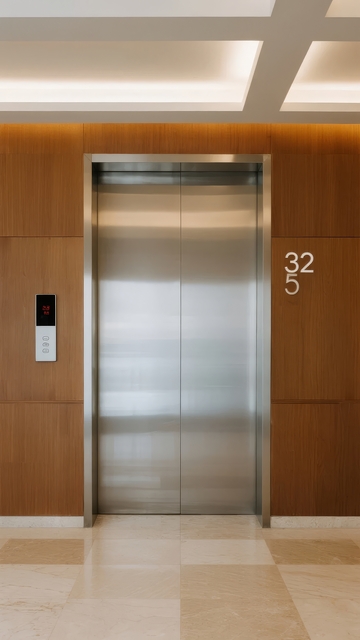 现代建筑电梯口金属门与木质墙面装饰