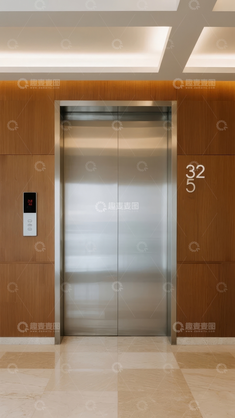 高清大图下载【趣麦麦图】现代建筑电梯口金属门与木质墙面装饰