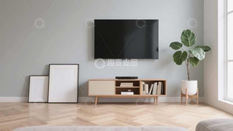 高清大图下载【趣麦麦图】现代简约客厅墙面挂电视配木质柜和绿植